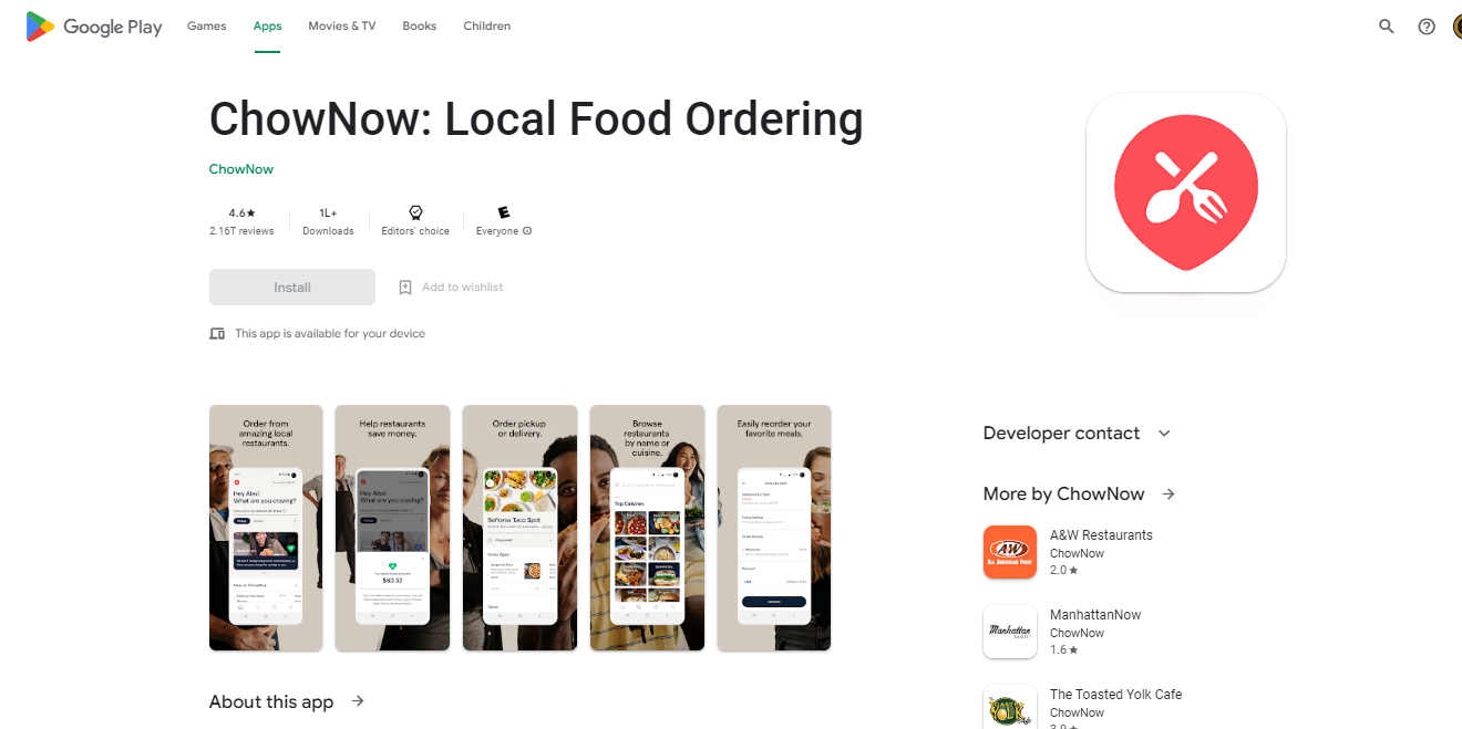 Mobile app of ChowNow on Google Play